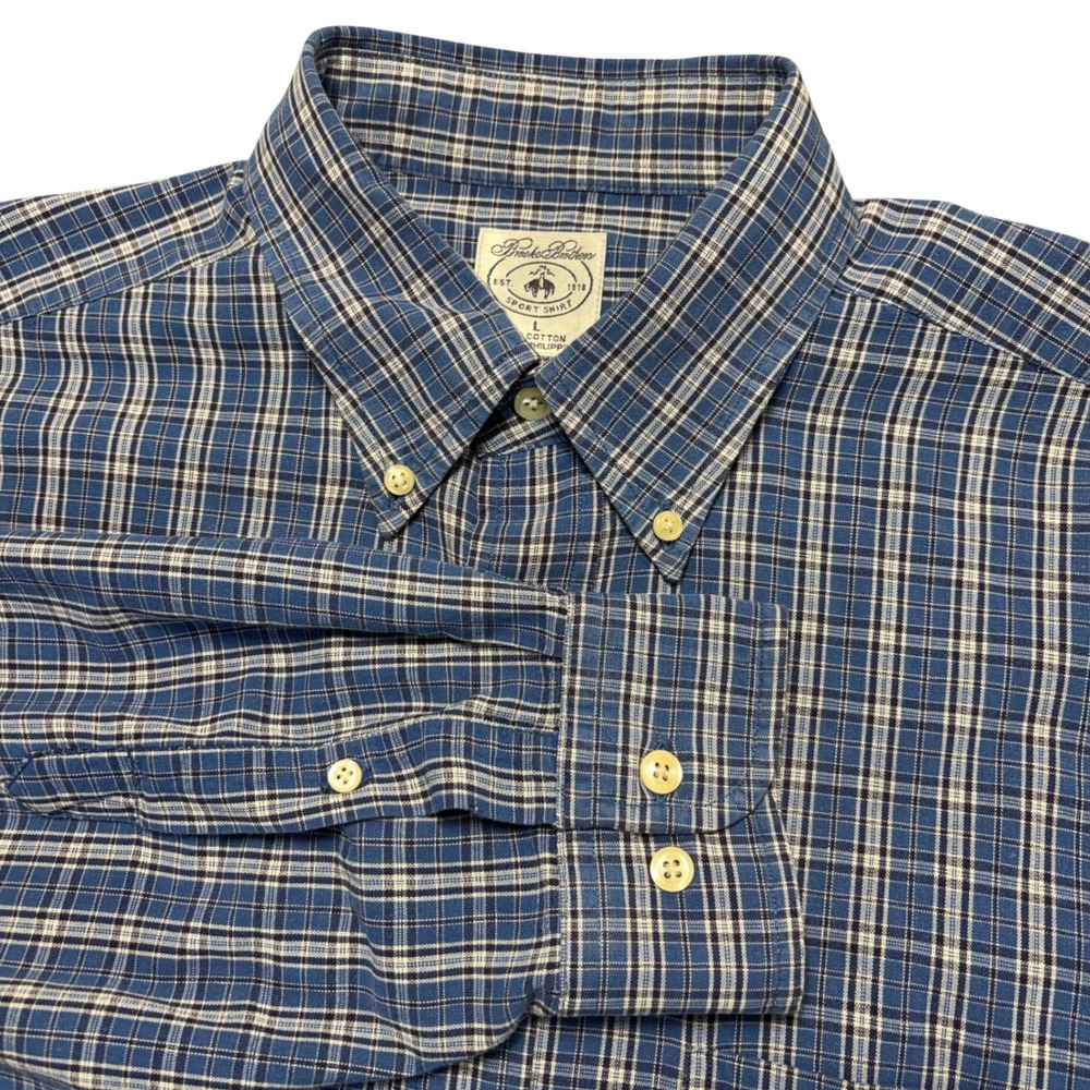 Brooks Brothers Sport Shirt Mens Large Blue White Plaid Cotton Button Down L